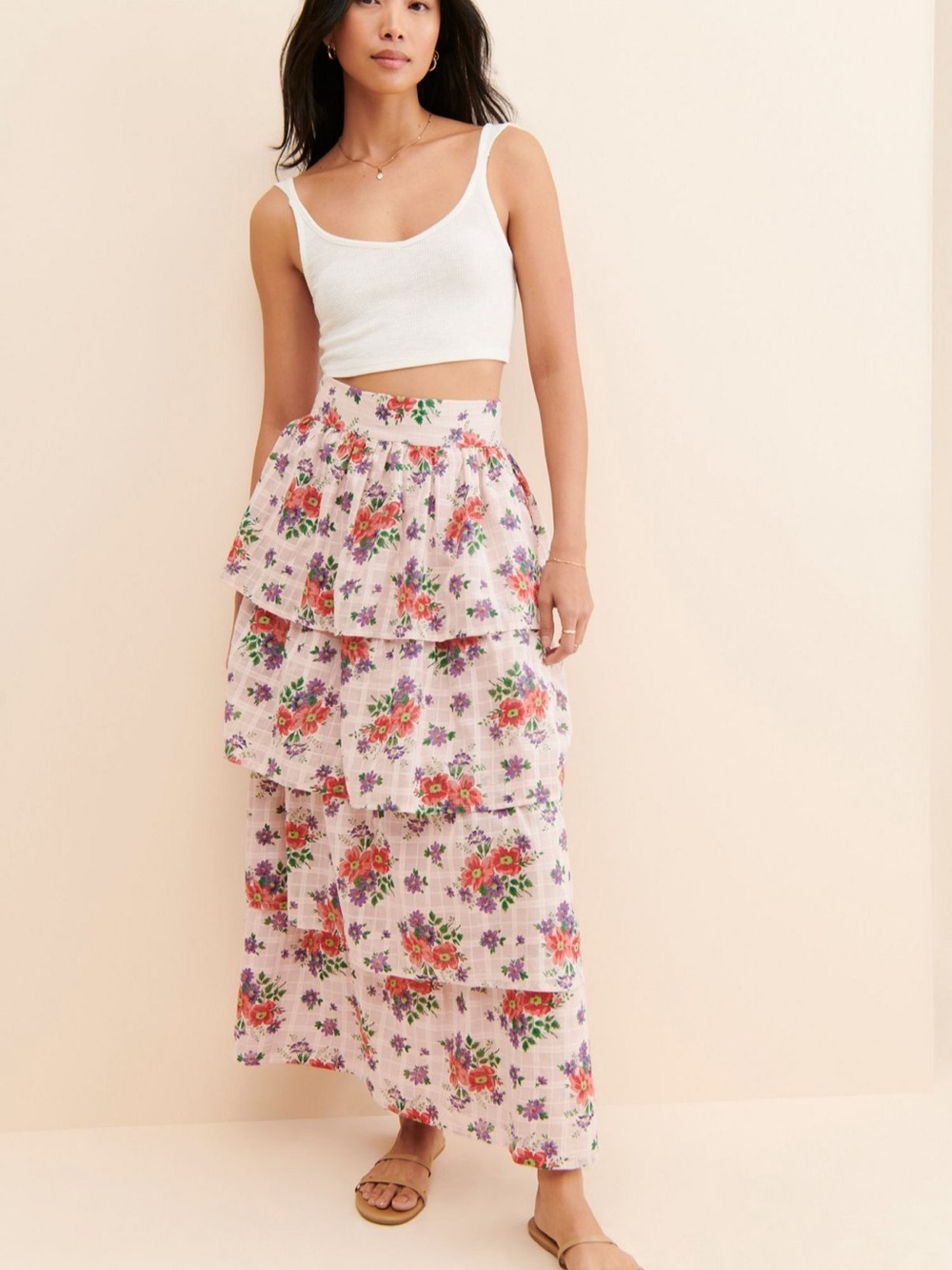 Anthropology Winston White Tiered Floral Maxi Skirt